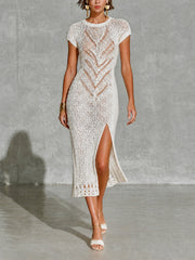 Robe midi blanche ajourée, vue de face