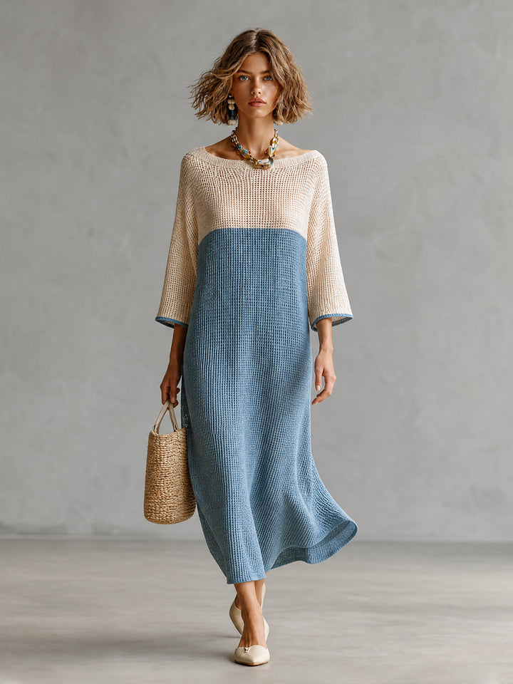 Robe maxi beige et bleue, vue d'ensemble de face