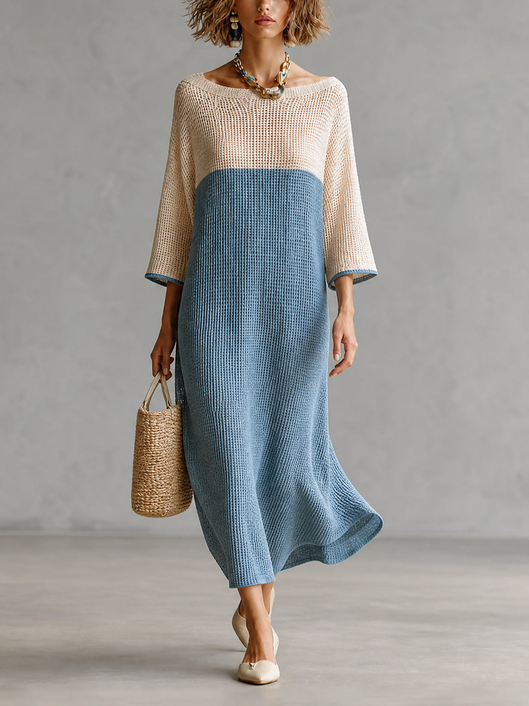 Robe maxi beige et bleue, vue de face