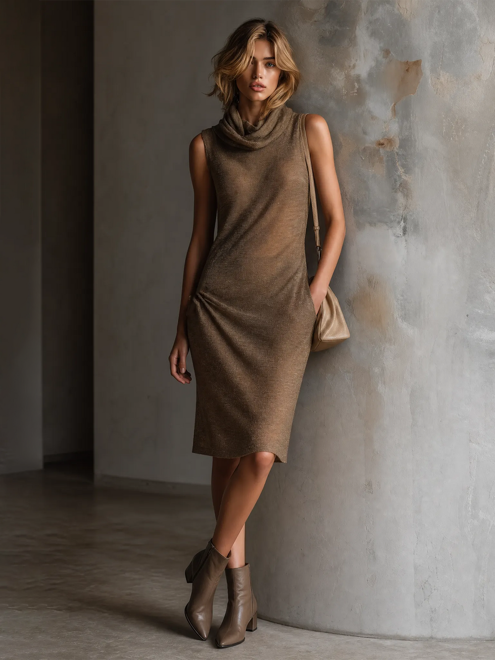 Robe midi taupe à col montant, vue d'ensemble de face