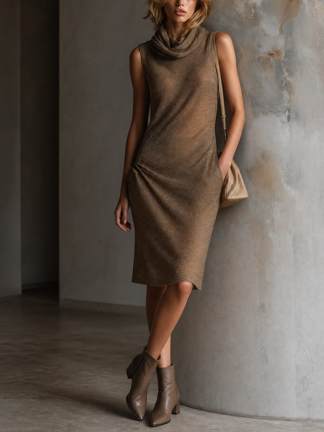 Robe midi taupe à col montant, vue de face