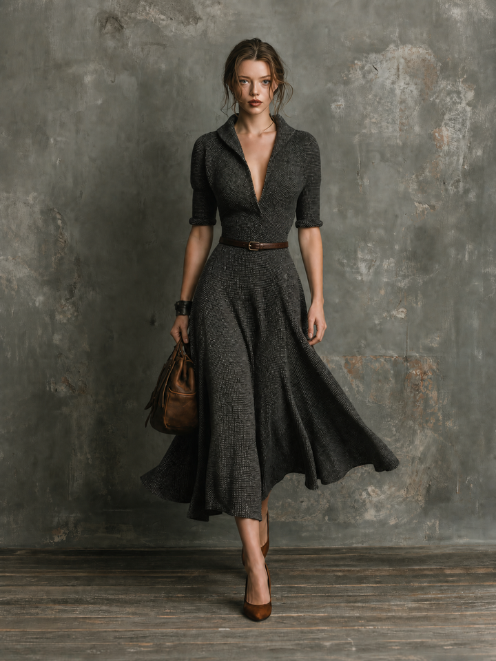 Robe midi anthracite ceinturée, vue d'ensemble de face