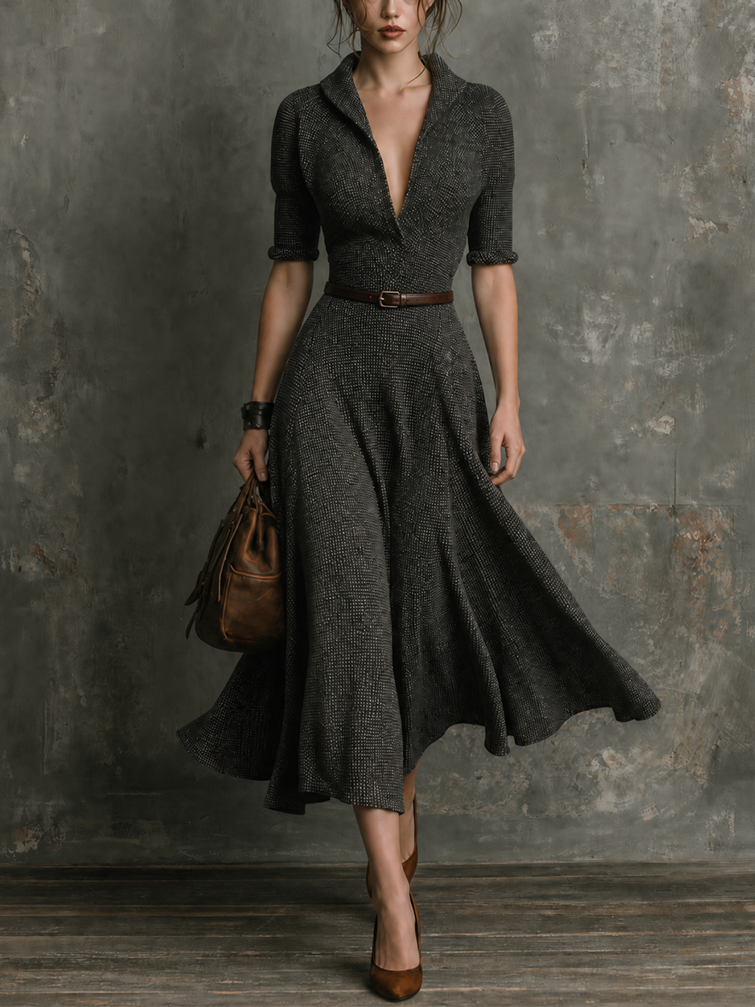 Robe midi anthracite ceinturée, vue de face