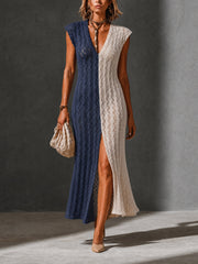Robe maxi marine et crème, vue de face
