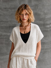 Pull écru manches chauve-souris — vue portée de face, coupe ample, pantalon assorti