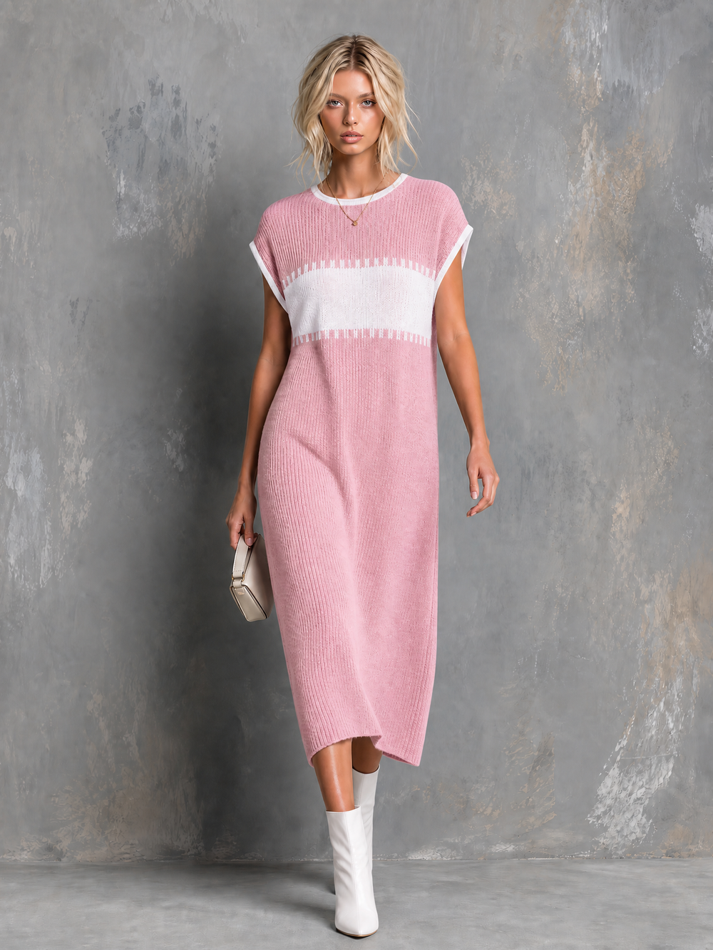 Robe midi vieux rose et blanche, vue d'ensemble de face