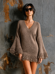 Robe mini mocha à franges, vue d'ensemble de face