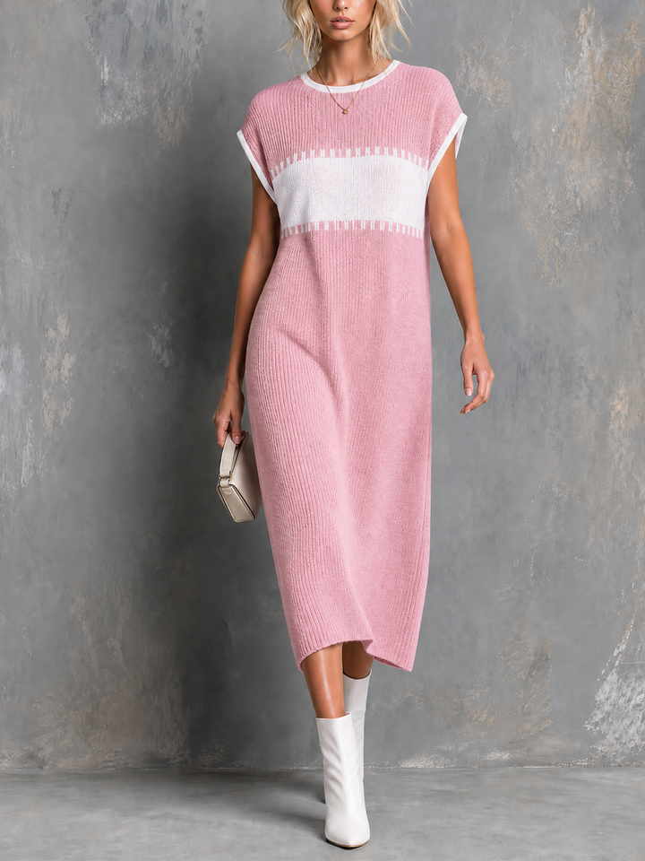 Robe midi vieux rose et blanche, vue de face
