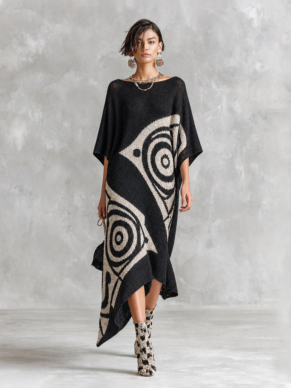 Robe maxi jacquard noire et blanche, vue d'ensemble de face