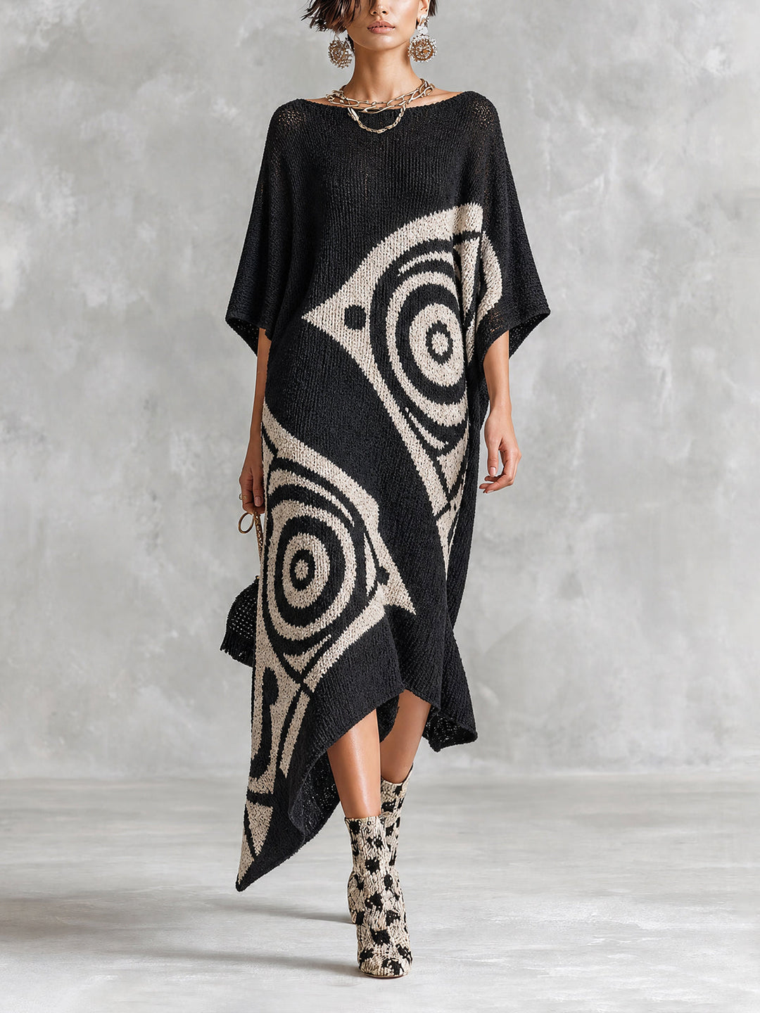 Robe maxi jacquard noire et blanche, vue de face