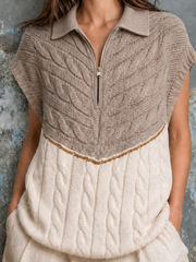 Gilet camel et blanc demi-zip — gros plan du col polo zippé et des torsades