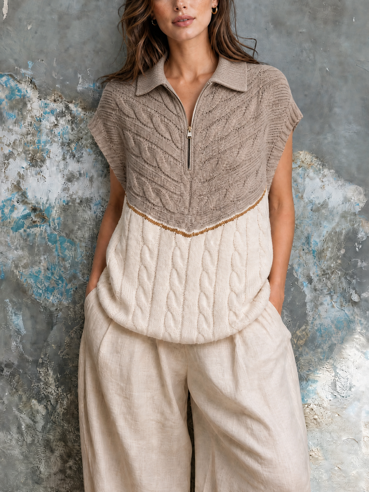 Gilet camel et blanc demi-zip — vue portée de face, haut en maille torsadée et bas uni, pantalon crème taille haute
