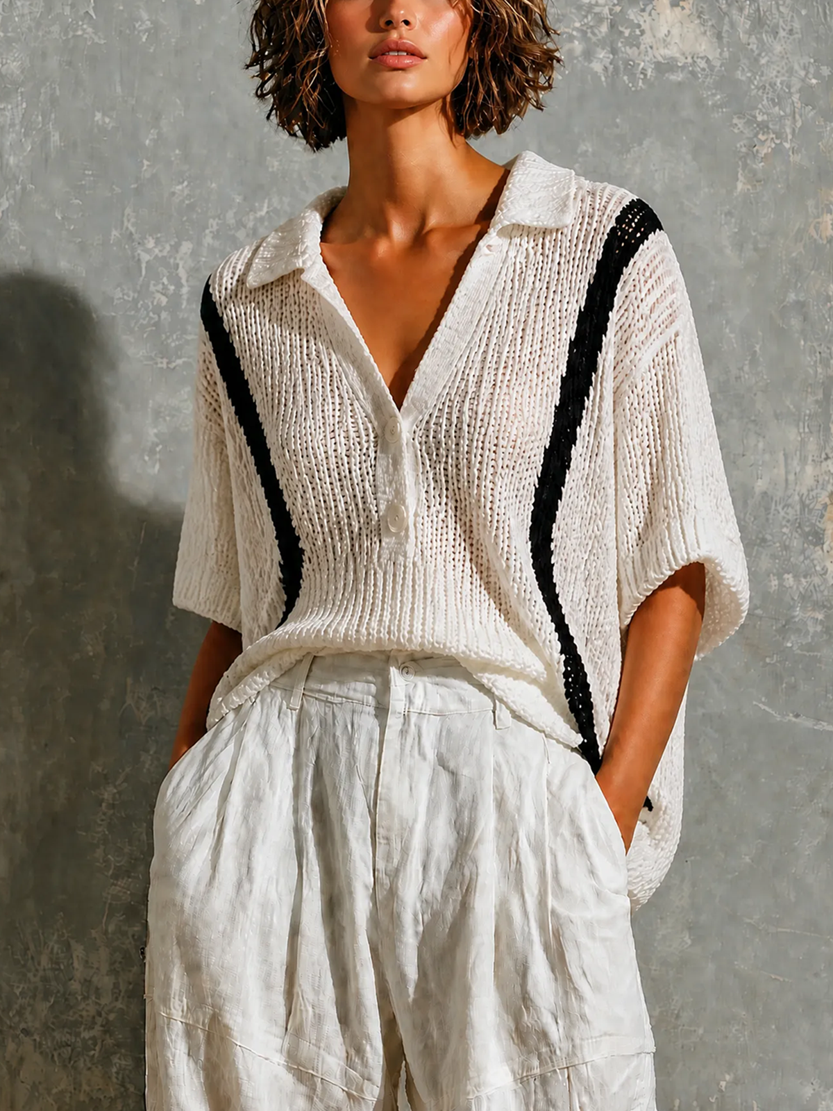 Pull blanc à bordures noires — vue portée de face, bandes noires verticales, pantalon blanc