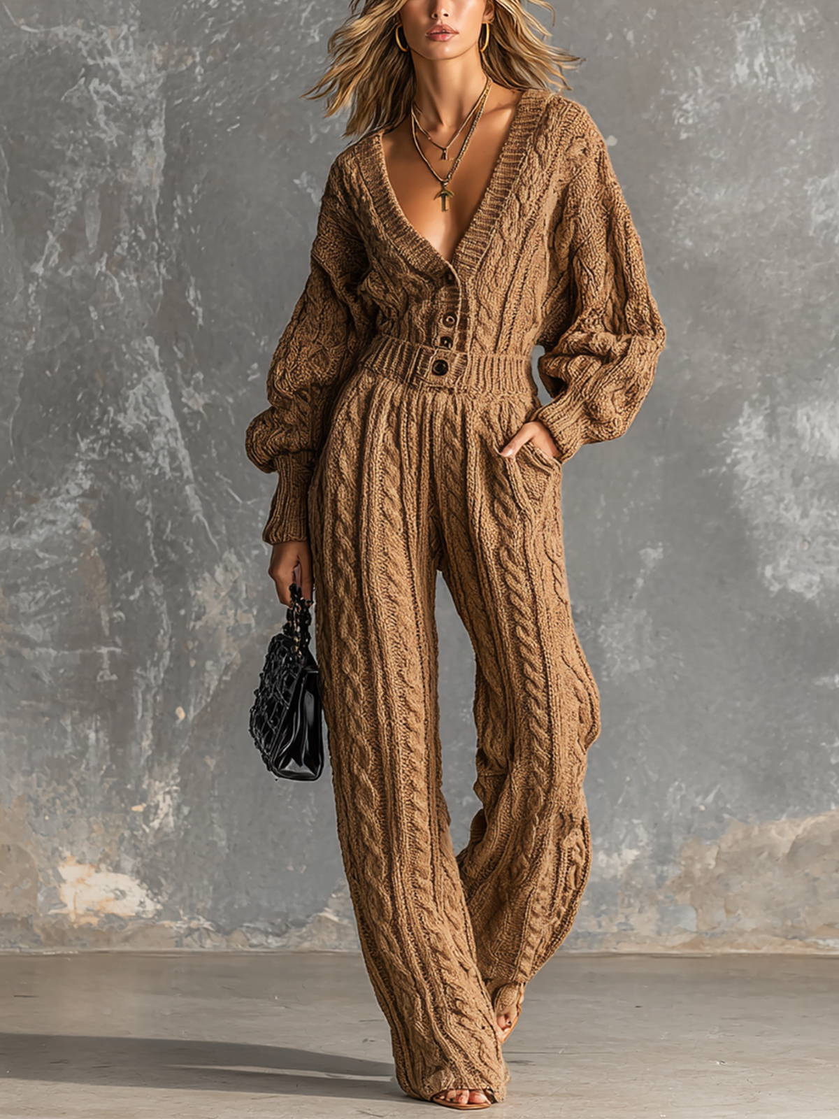 Combinaison camel à torsades — vue portée en pied, sac à main noir