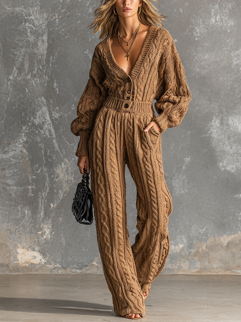 Combinaison camel à torsades — vue portée en pied, sac à main noir