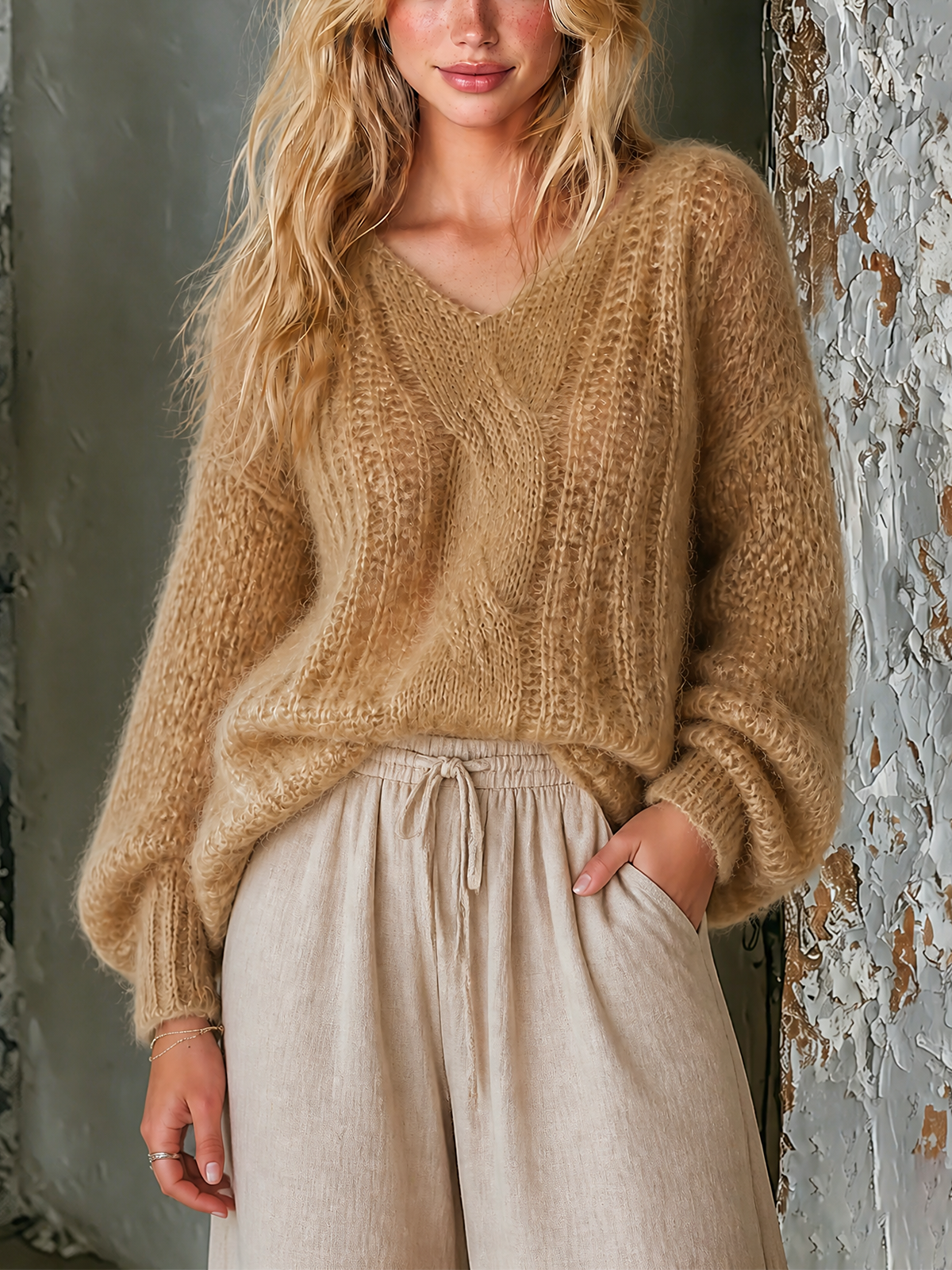 Pull camel torsades col V — vue portée de face, cadrée à la taille
