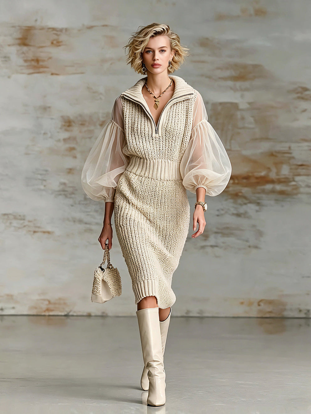 Robe midi beige organza, vue d'ensemble de face
