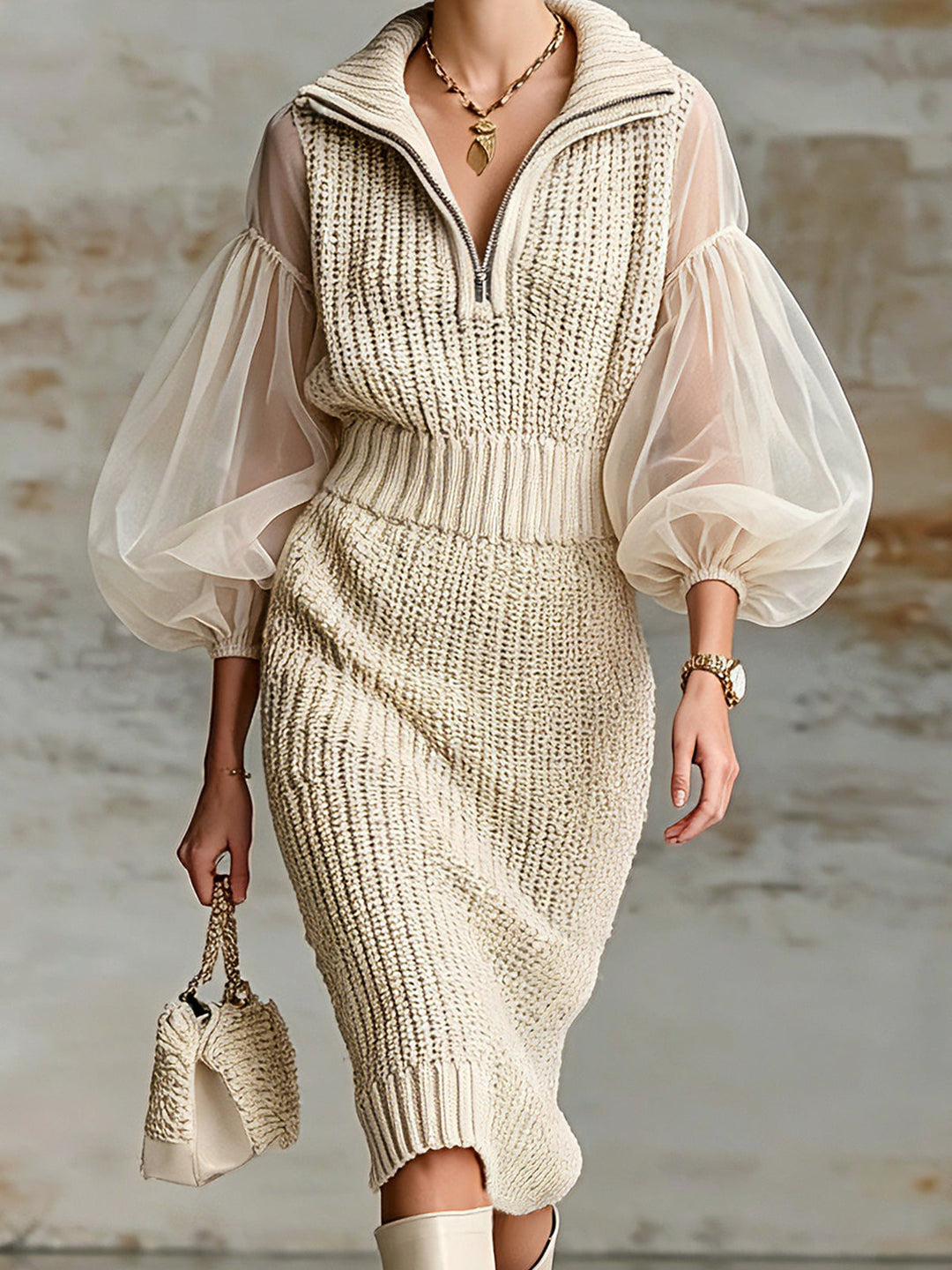 Robe midi beige organza, vue rapprochée de face