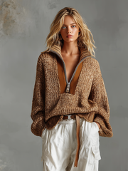 Pull brun châtaigne demi-zip — vue portée en pied, pantalon cargo blanc et ceinture fine