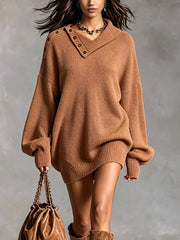 Robe caramel à col boutonné, vue rapprochée de face