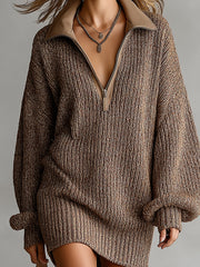 Robe brune chinée col zippé — gros plan du col zippé et de la maille