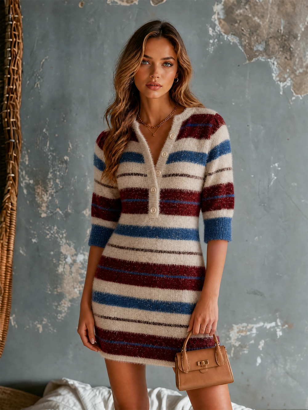 Robe rayée crème bleu bordeaux, vue d'ensemble de face