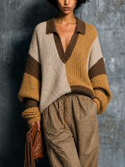 Pull tricolore beige jaune brun — vue portée de face, blocs de couleur et col en V