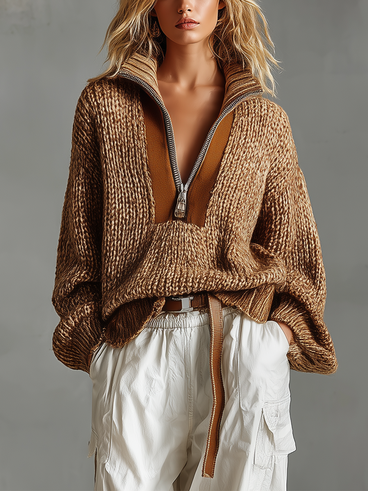 Pull brun châtaigne demi-zip — vue portée de face, col montant et demi-zip