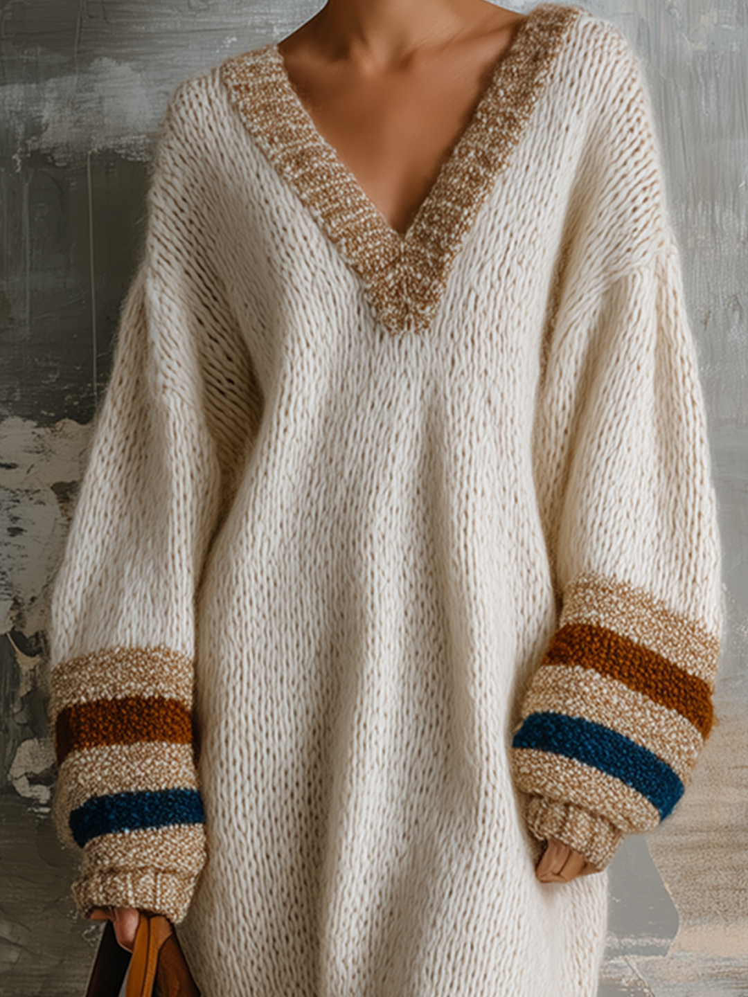 Robe écrue à manches rayées, gros plan des manches rayées