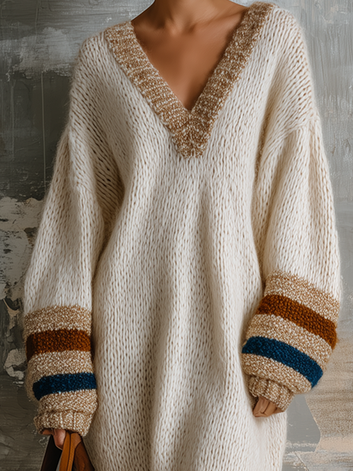 Robe écrue à manches rayées, gros plan des manches rayées