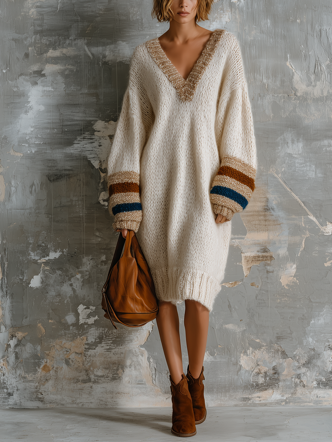 Robe écrue à manches rayées, vue de face