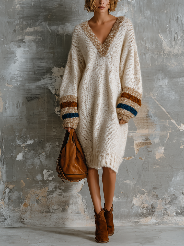 Robe écrue à manches rayées, vue de face