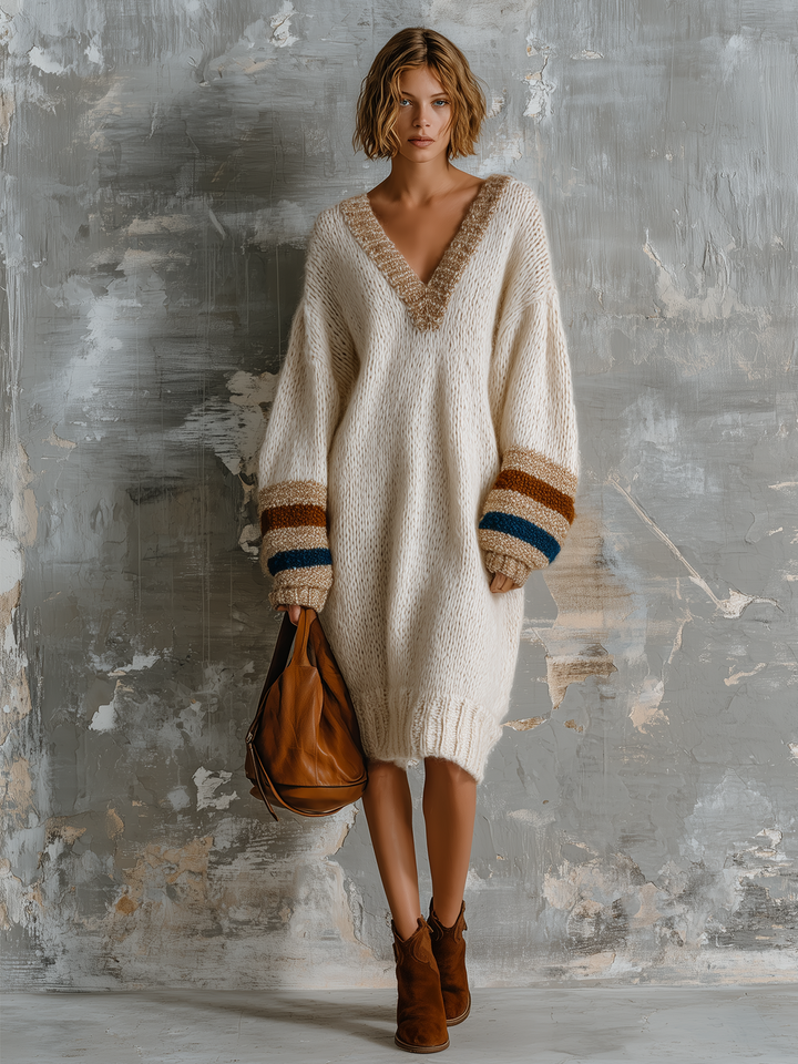 Robe écrue à manches rayées, vue d'ensemble de face