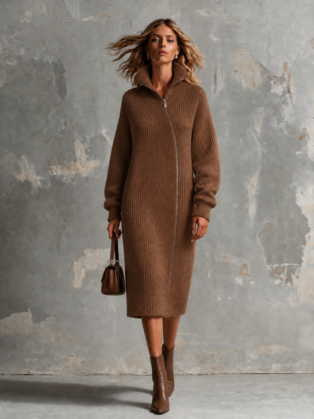 Robe en maille brune zippée, vue d'ensemble de face