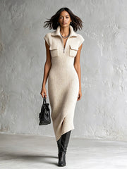 Robe midi beige zippée, vue d'ensemble de face