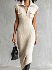 Robe midi beige zippée, gros plan du col zippé