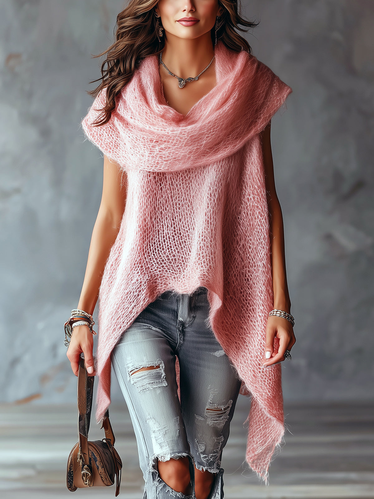 Top rose asymétrique col drapé — vue portée de face, jean déchiré et sac en cuir marron