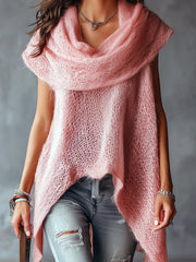 Top rose asymétrique col drapé — gros plan du col bénitier et de la maille texturée