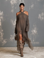 Robe en maille brune à volants, vue d'ensemble de face