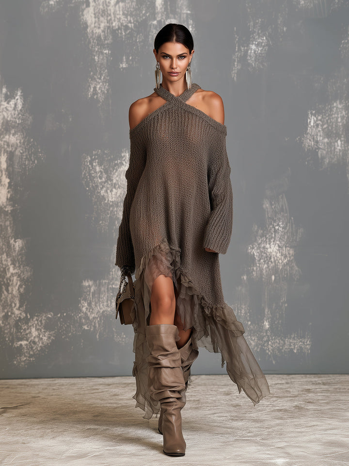 Robe en maille brune à volants, vue d'ensemble de face