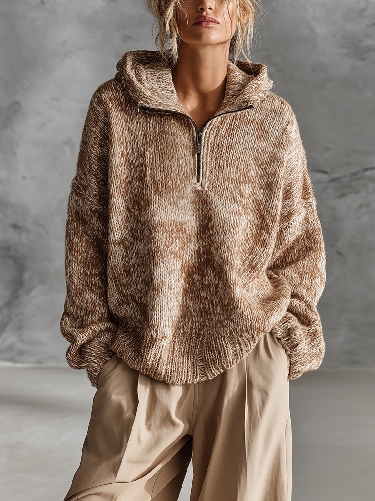 Pull camel chiné à capuche — vue portée de face, mains dans les poches, pantalon beige assorti