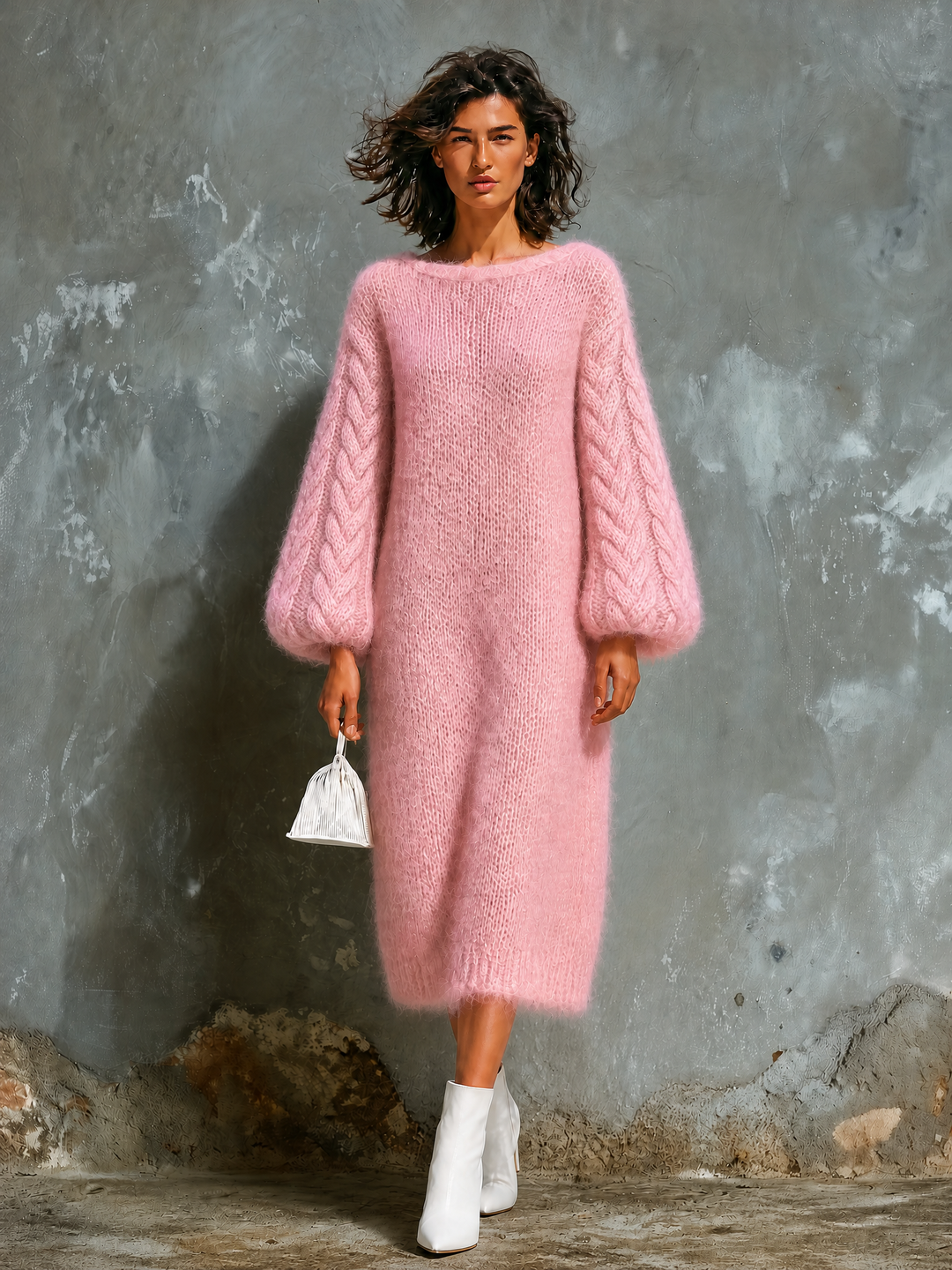 Robe en maille rose, vue d'ensemble de face
