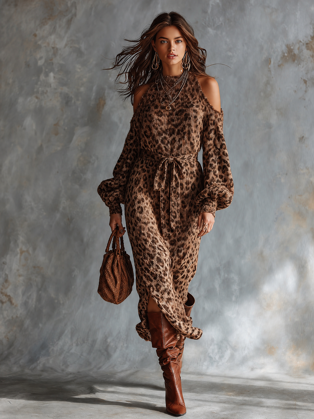 Robe en maille léopard brune, vue d'ensemble de face