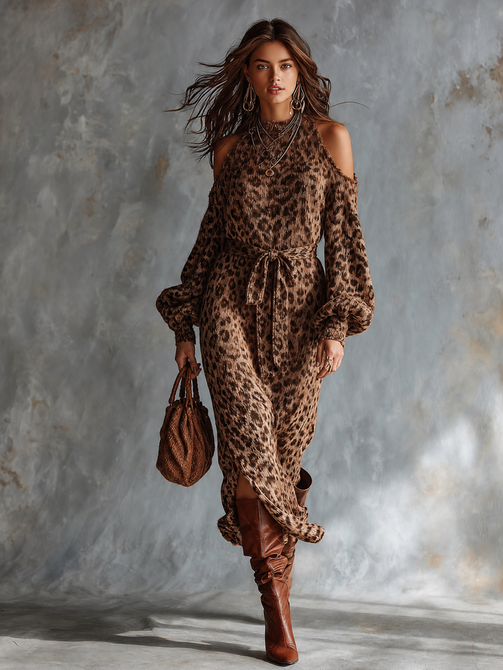 Robe en maille léopard brune, vue d'ensemble de face