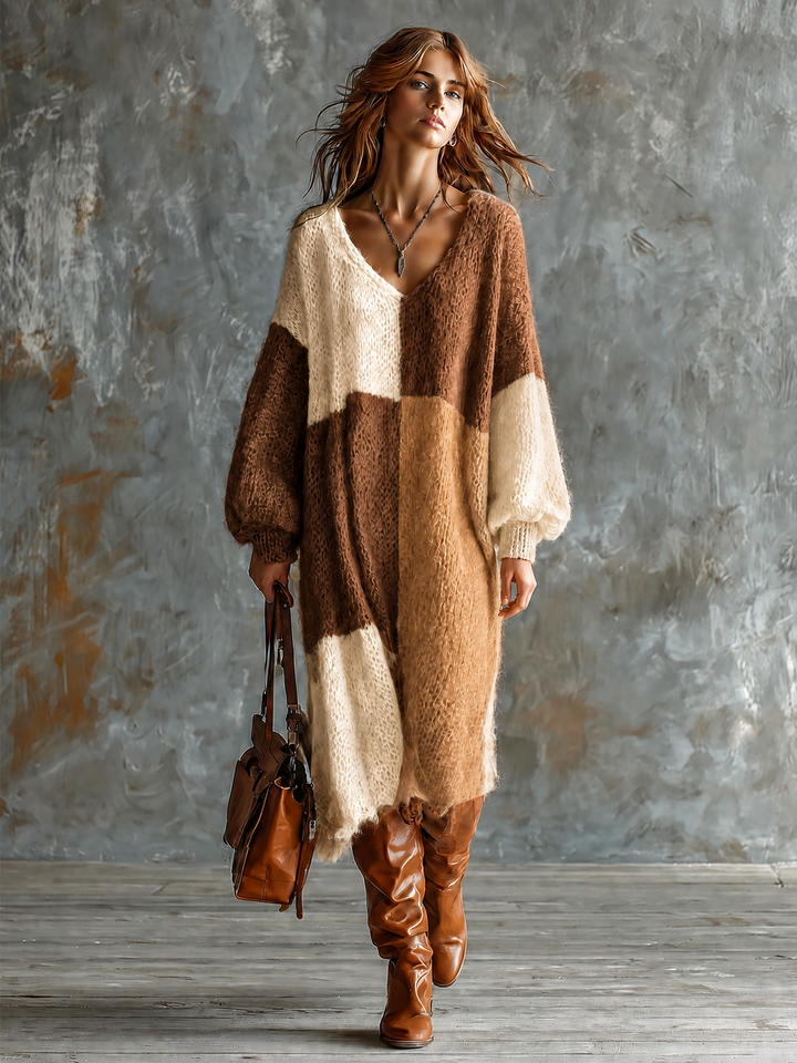 Robe à blocs camel et écrus, vue d'ensemble de face