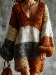 Robe en maille à bandes brunes, gros plan des bandes