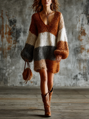 Robe en maille à bandes brunes, vue de face