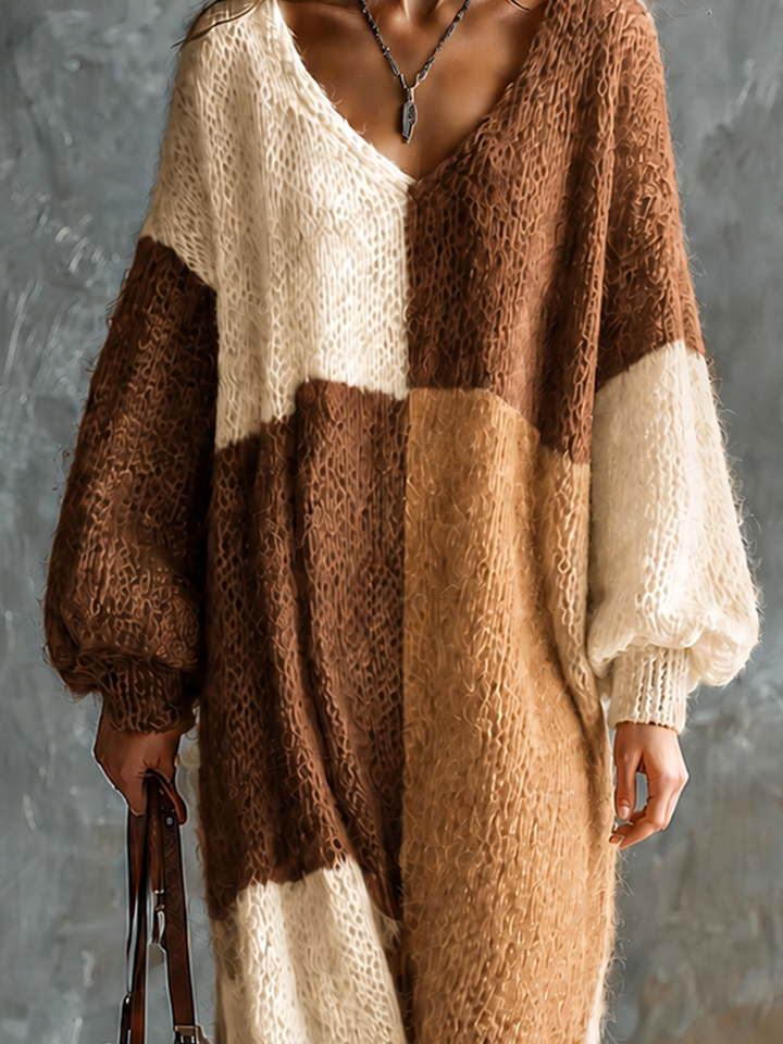 Robe à blocs camel et écrus, détail de la maille