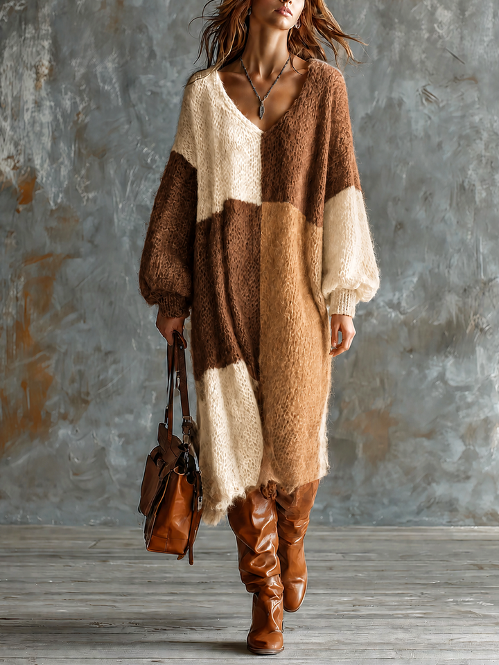 Robe à blocs camel et écrus, vue de face