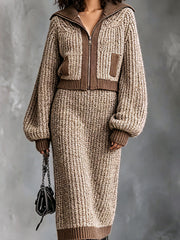 Ensemble cardigan zippé jupe camel — gros plan de la veste courte zippée et des bordures marron foncé